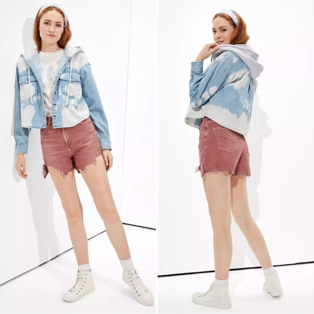 AMERICAN EAGLE Bleached Denim Cropped Hooded Jean Jacket Shacket Size XL